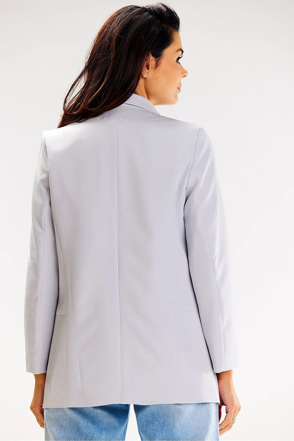 Blazer femme coupe classique gris clair manches longues sans fermeture col châle élégant décontracté