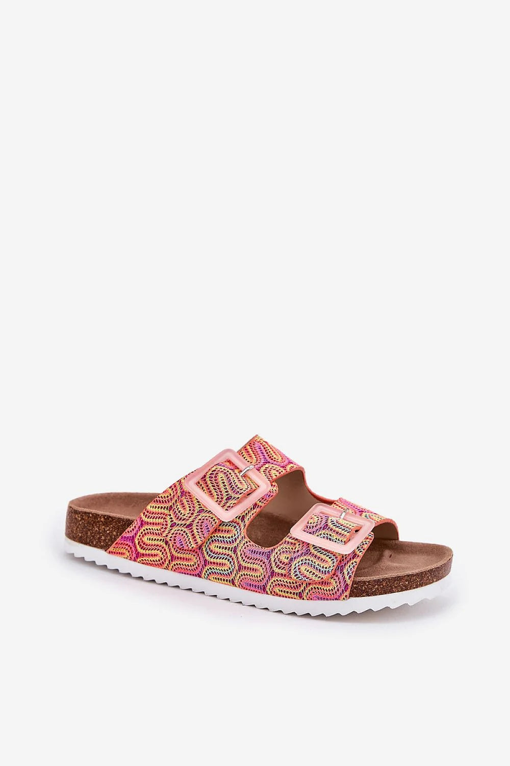sandales femme estivales multicolore tissu ondulé rose jaune bleu brides larges réglables boucles plastique pastel semelle liège anatomique caoutchouc blanche