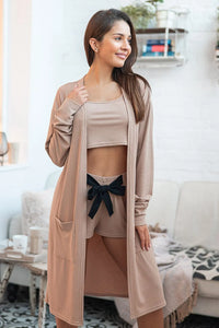 Ensemble pyjama femme côtelé confort peignoir long ample beige élégant loungewear style cosy détente