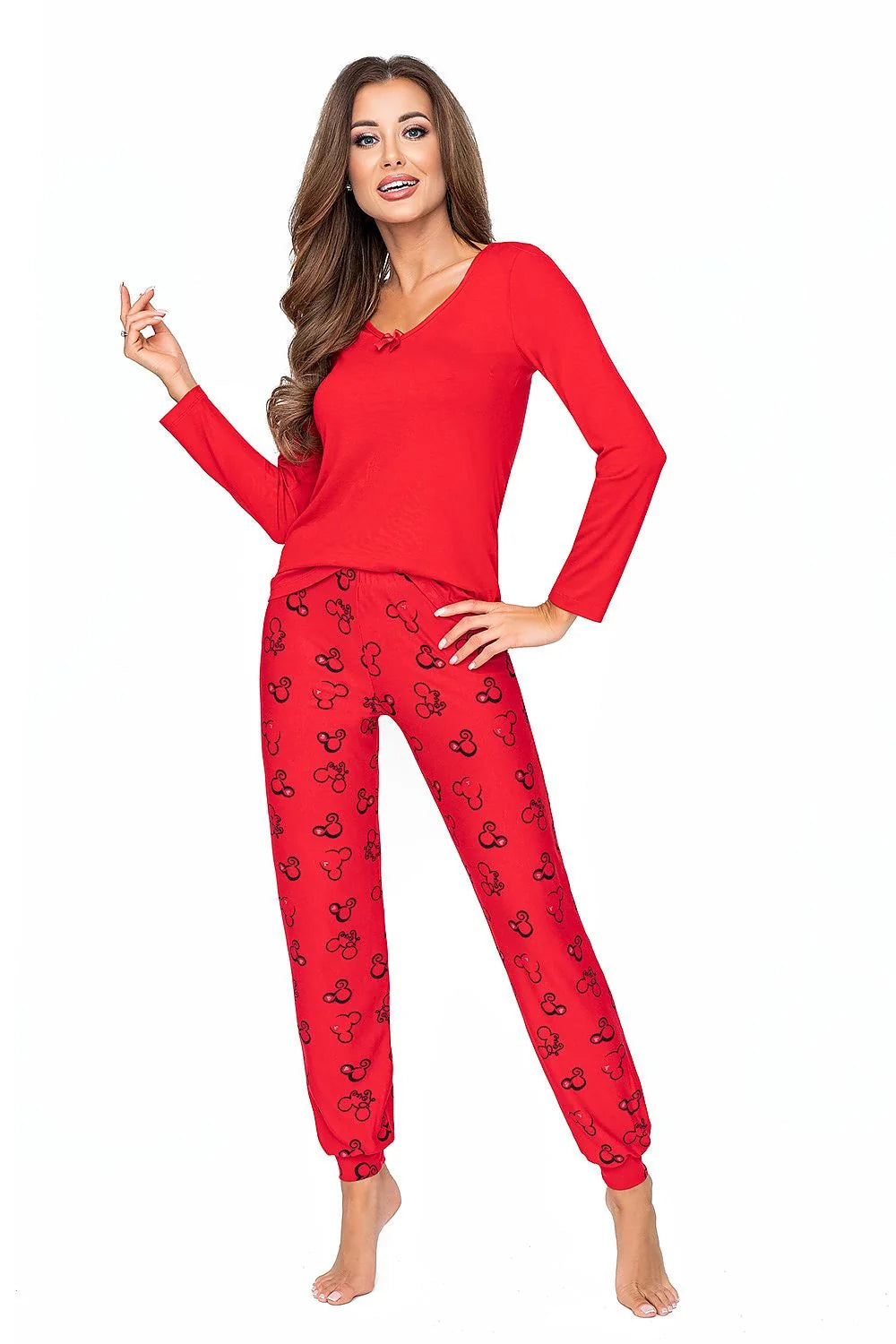 Pyjama femme deux-pièces rouge doux viscose confortable manches longues motifs graphiques élégant maison nuit