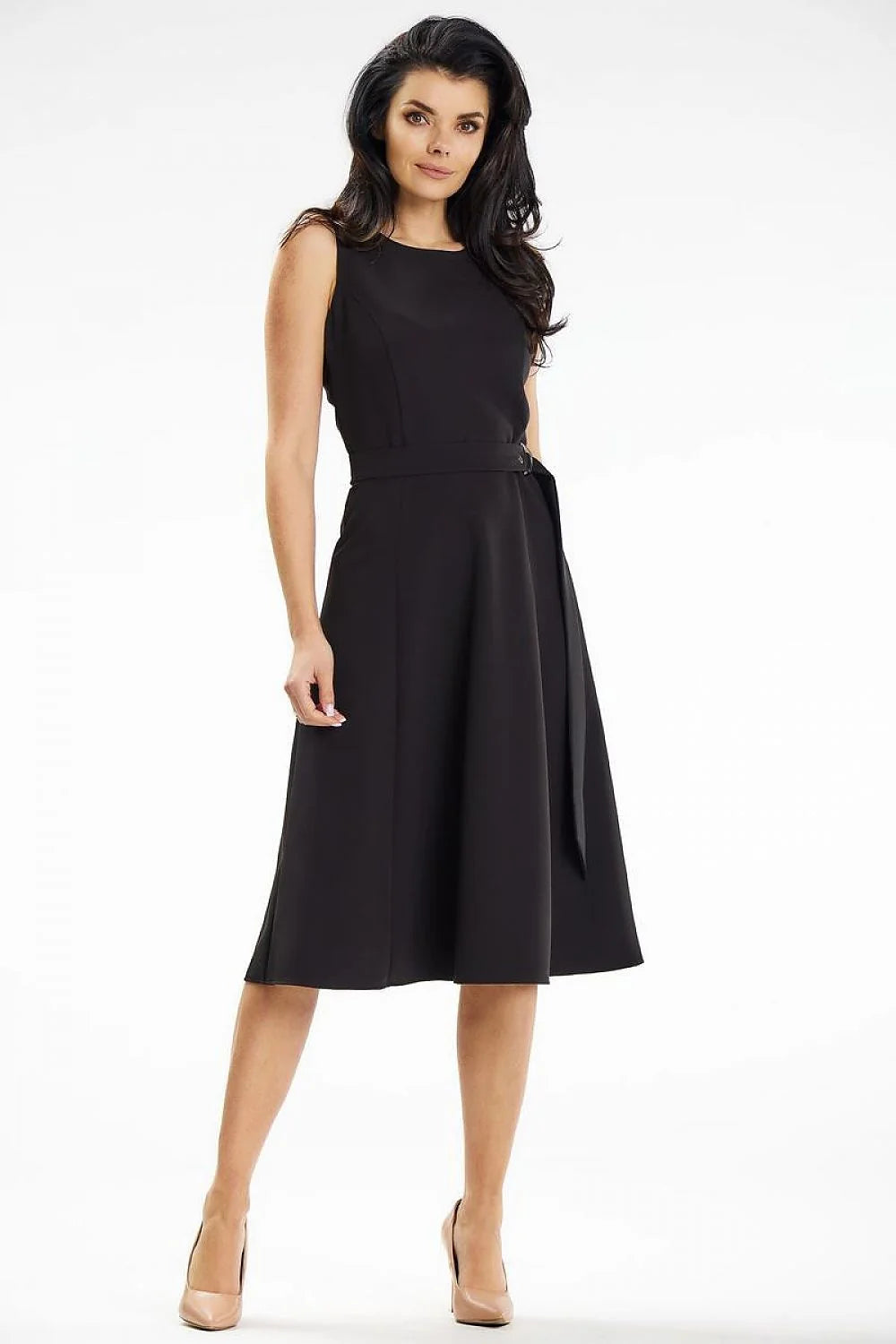 Robe de jour élégante sans manches encolure bateau taille ajustable ceinture incluse couleur noire polyester elasthanne femme