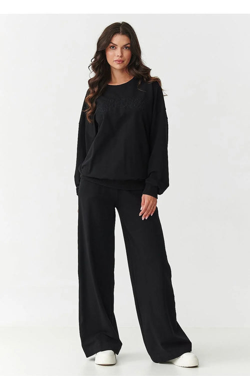ensemble survêtement femme noir sweat oversize col rond manches longues pantalon large taille élastique poches broderie tonale molleton coton stretch