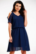 Robe de jour élégante pour femme en mousseline bleu marine épaules dénudées taille élastique manches courtes style moderne