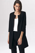 Blazer élégant pour femme longue sans fermeture épaules structurées tissu synthétique couleur noire polyester viscose