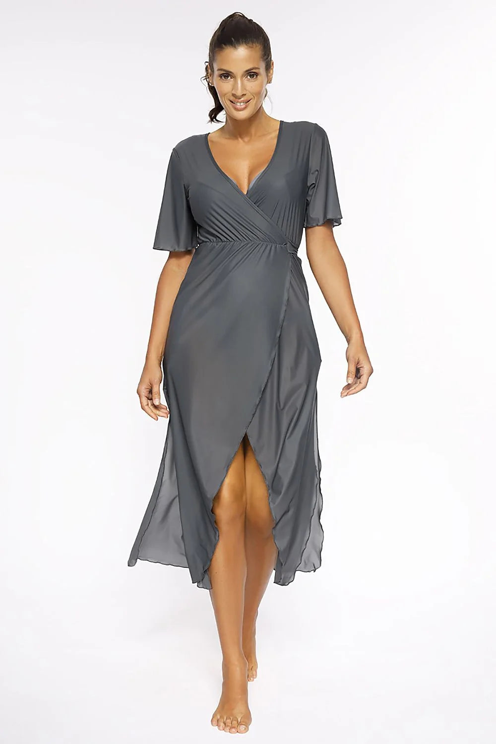 Robe de plage longue en polyester gris élégant avec manches mi-longues et fente avant
