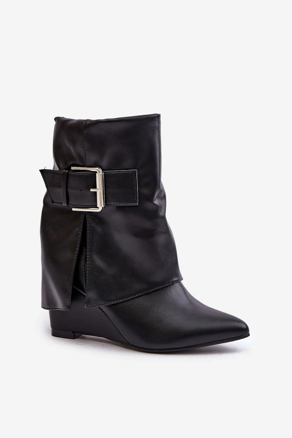 bottines cothurnes cuir écologique noir bout pointu tige plissée slouchy bride boucle argentée talon compensé confort durable sophistiqué citywear soirée