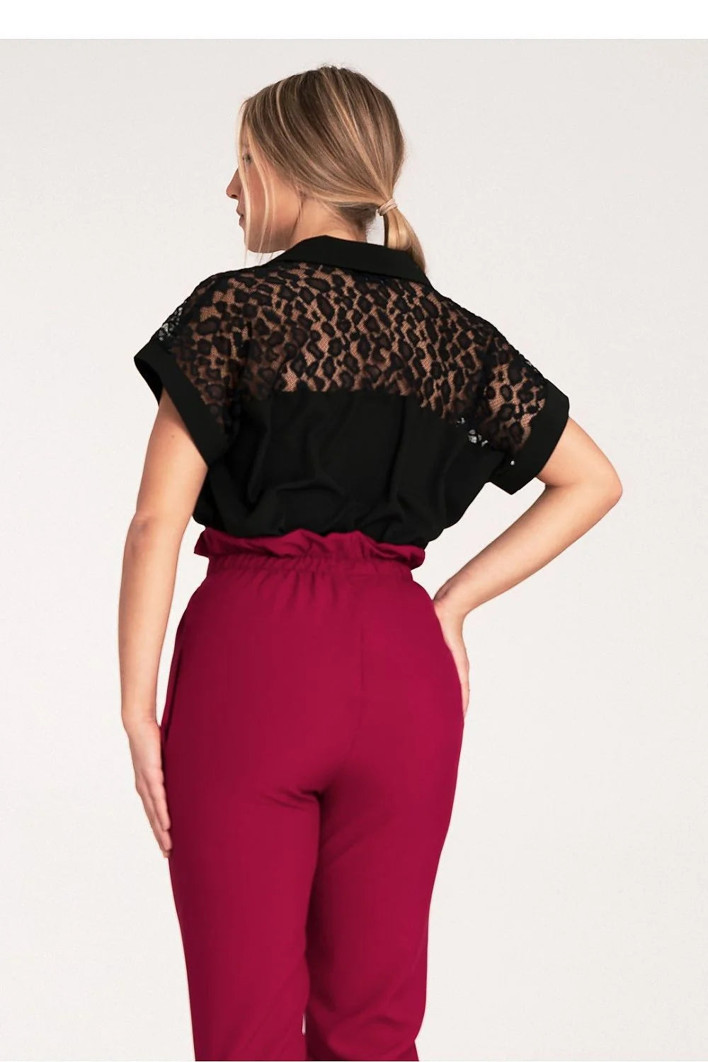 Chemise manche courte Figl design moderne élégant dentelle transparente col classique coupe ample polyester viscose elasthanne