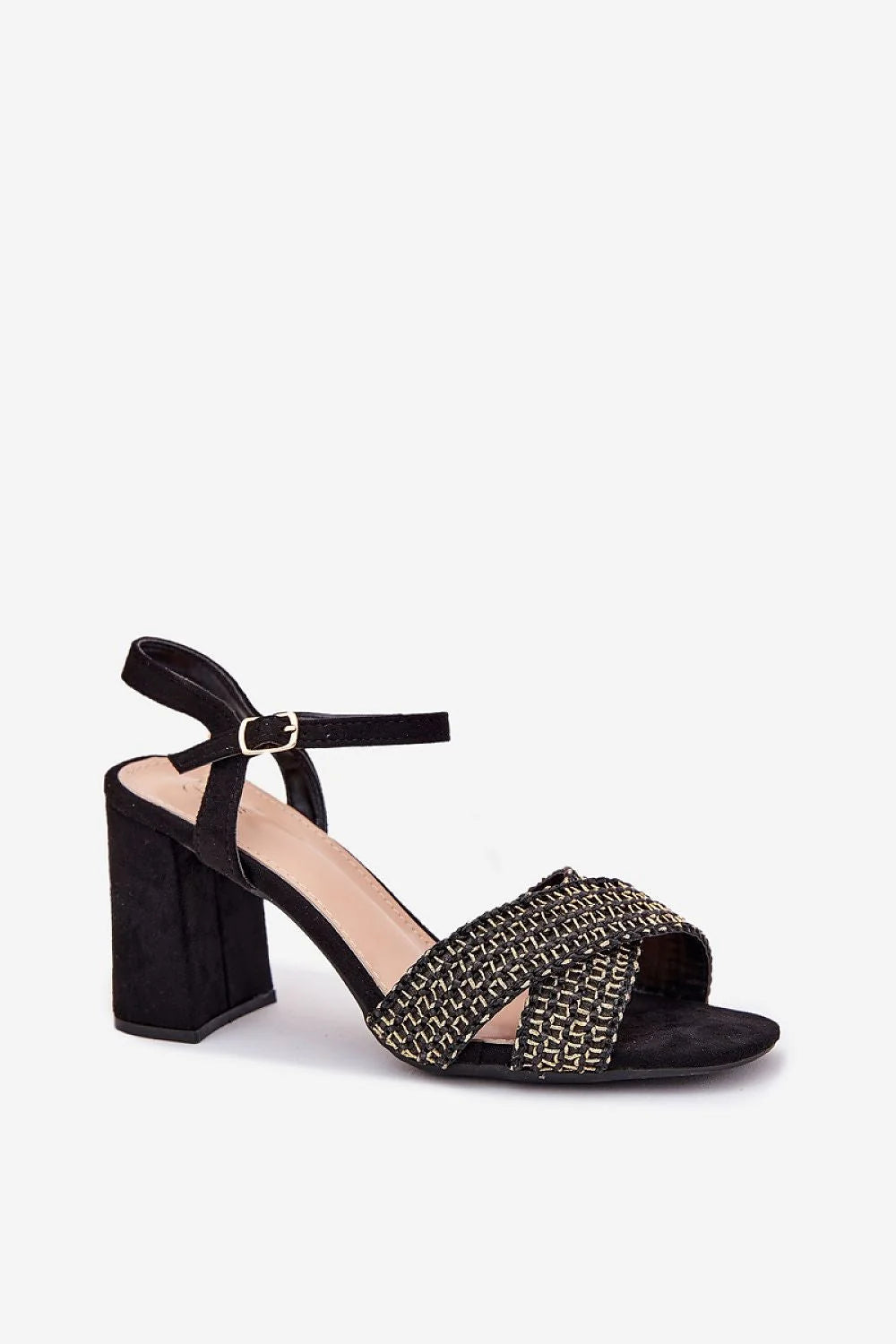 Sandales à talons compensés en cuir suédé noir avec brides croisées dorées ajustables pour femme, design élégant et moderne, occasion quotidienne ou habillée
