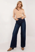 Outfit casual femme pantalon jean sublevel haut manches longues col V beige denim bleu foncé