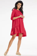 Robe de jour awama féminine en tissu léger rouge vif manches 3/4 coupe ample volant bas femme été