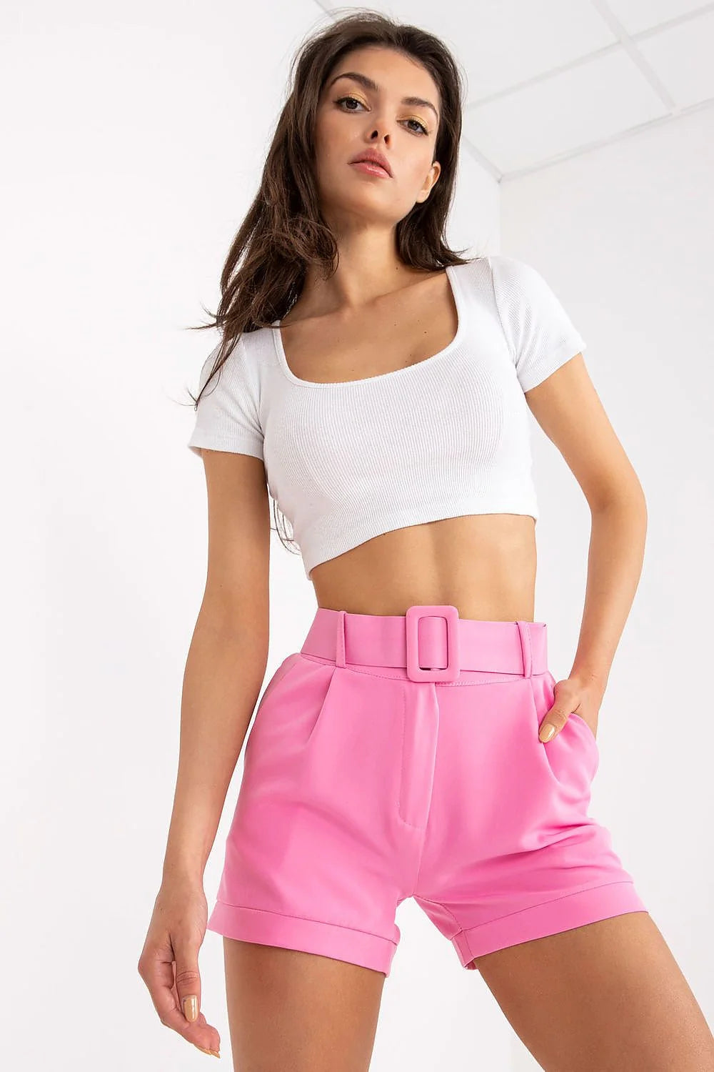 Shorts à taille haute femme mode citron vert fermeture glissière poches côtés ceinture assortie polyester élasthanne