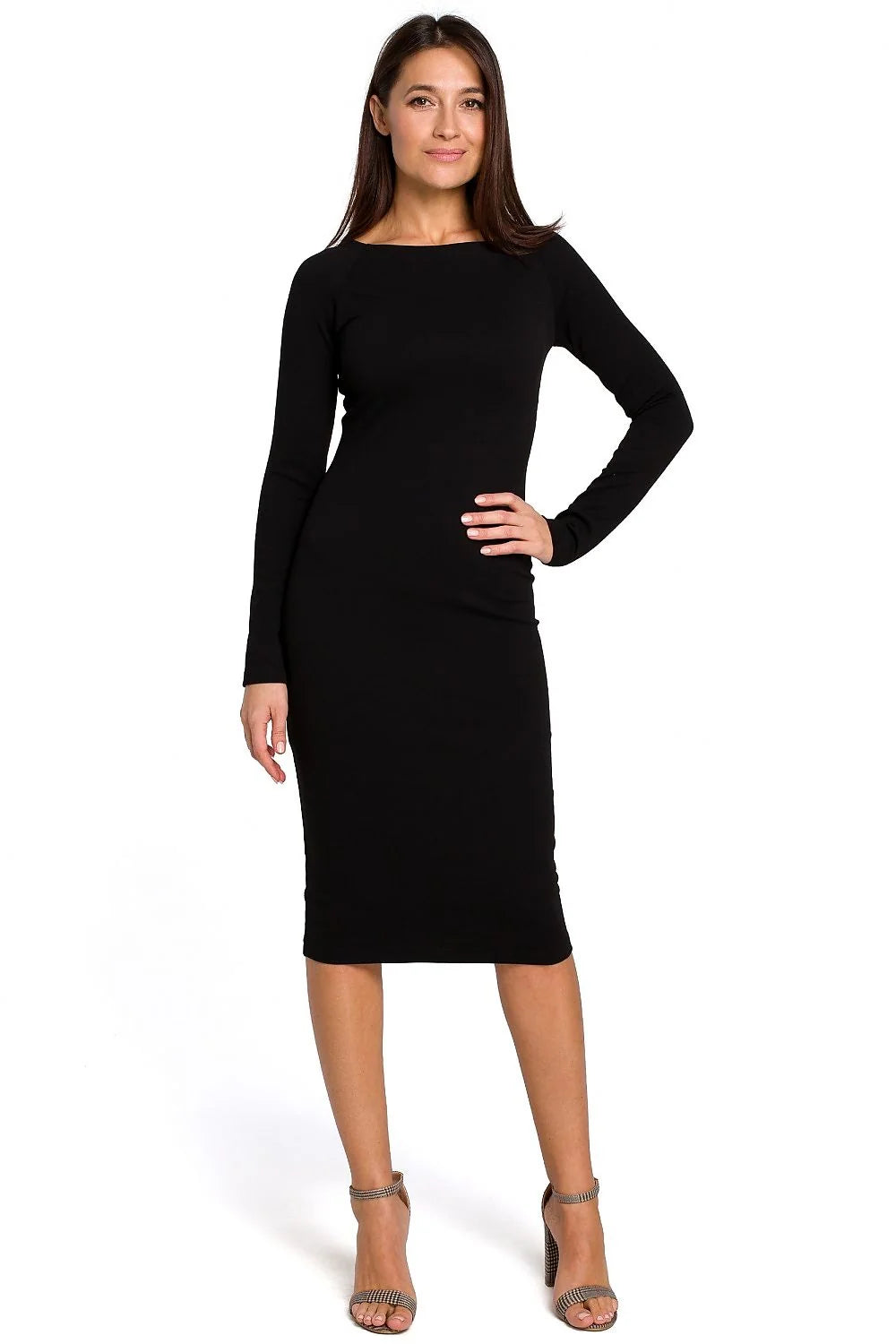 Robe noire femme style bodycon longueur midi manches longues design minimaliste élégant