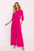 Ensemble femme moderne élégant couleur magenta haut court manches 3/4 pantalon large高 taille haute finitions parfaites occasion semi-formelle