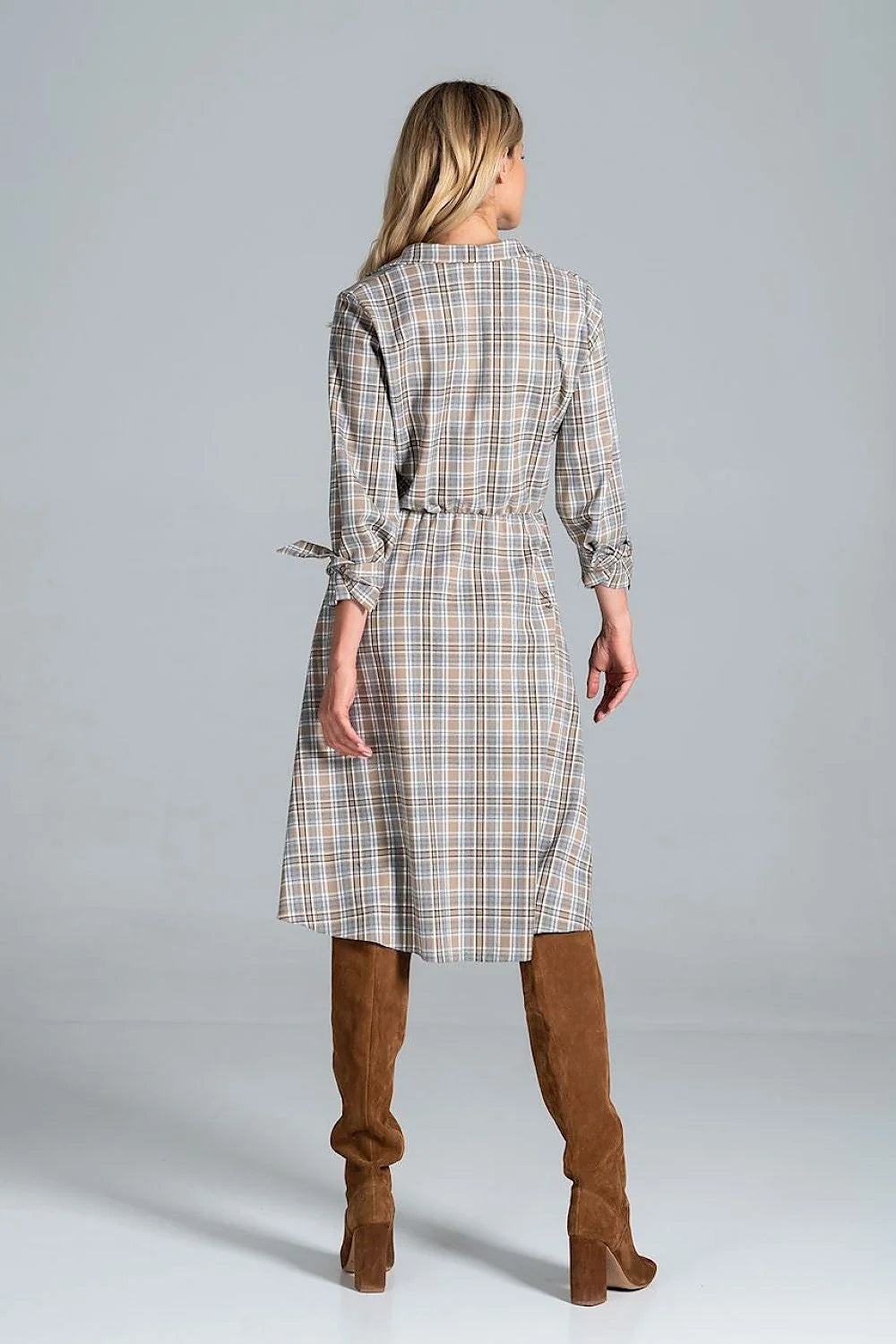 Robe chemise viscose décontractée à carreaux manches longues ceinture ajustable élégante pour femme automne