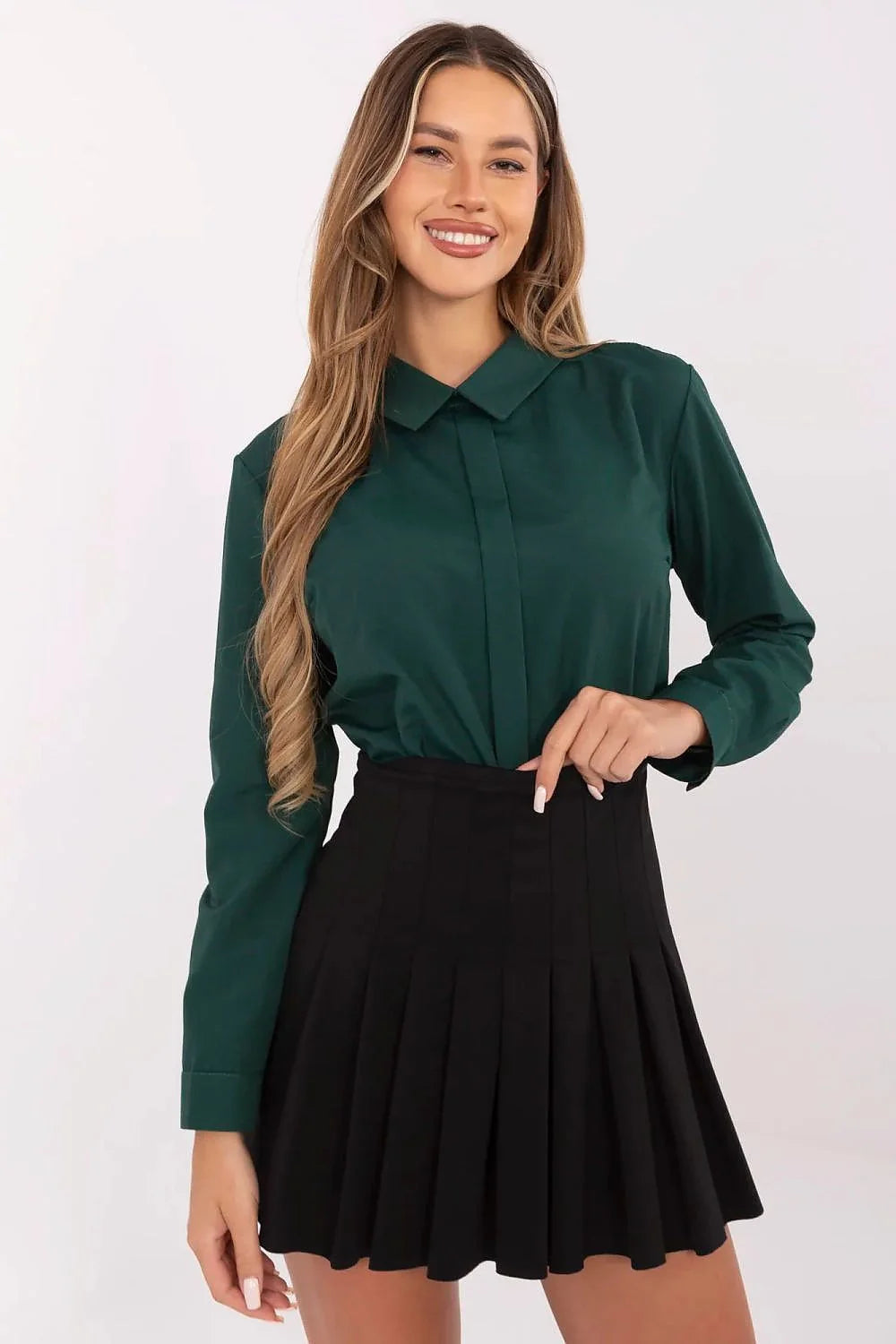 Chemisier Lakerta élégant pour femme en coton vert foncé avec jupe noire style classique manches longues col à pointes