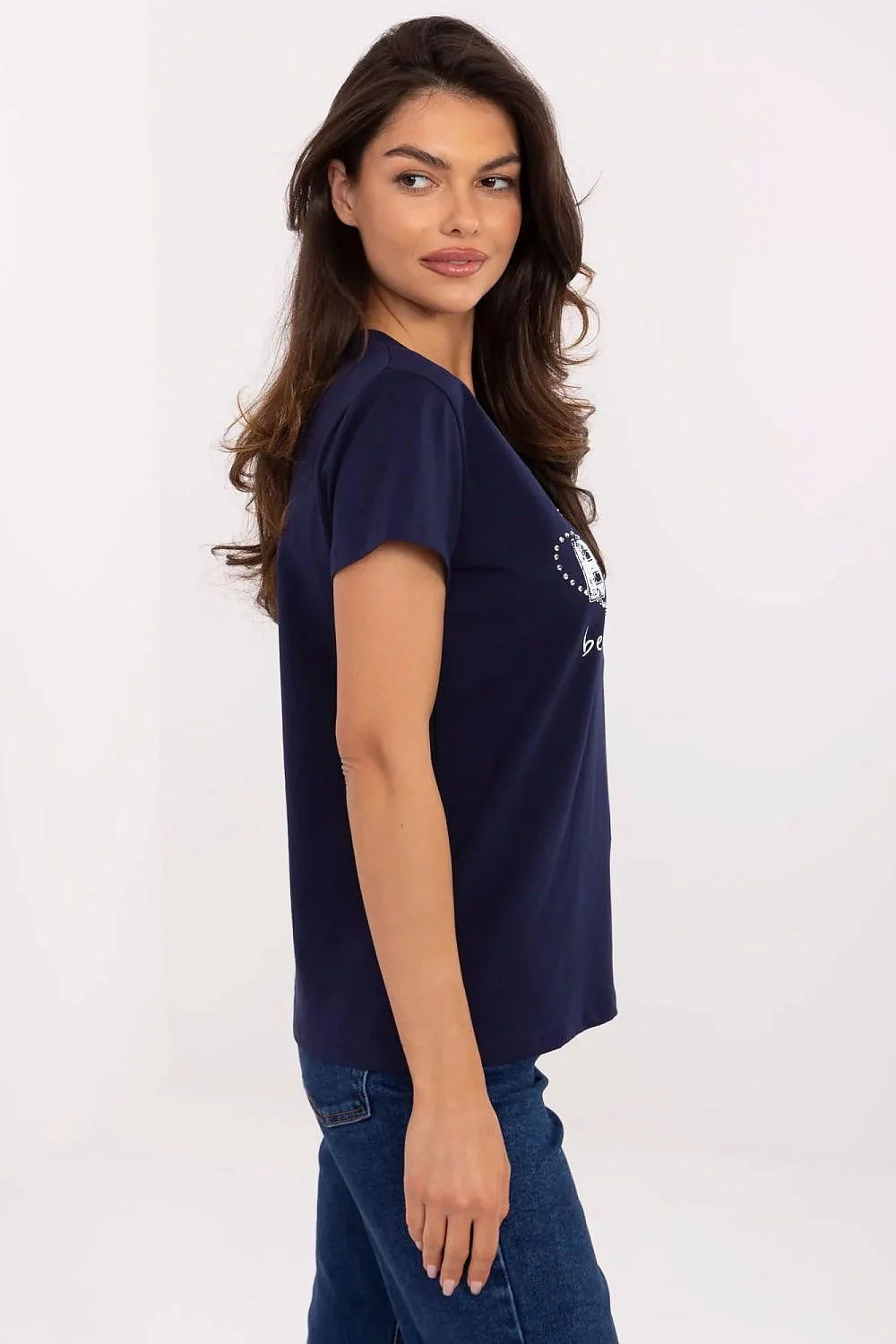 T-shirt femme style décontracté col en V message BELIEVE beauté toujours coton élasthanne bleu marine manches courtes ajustement parfait