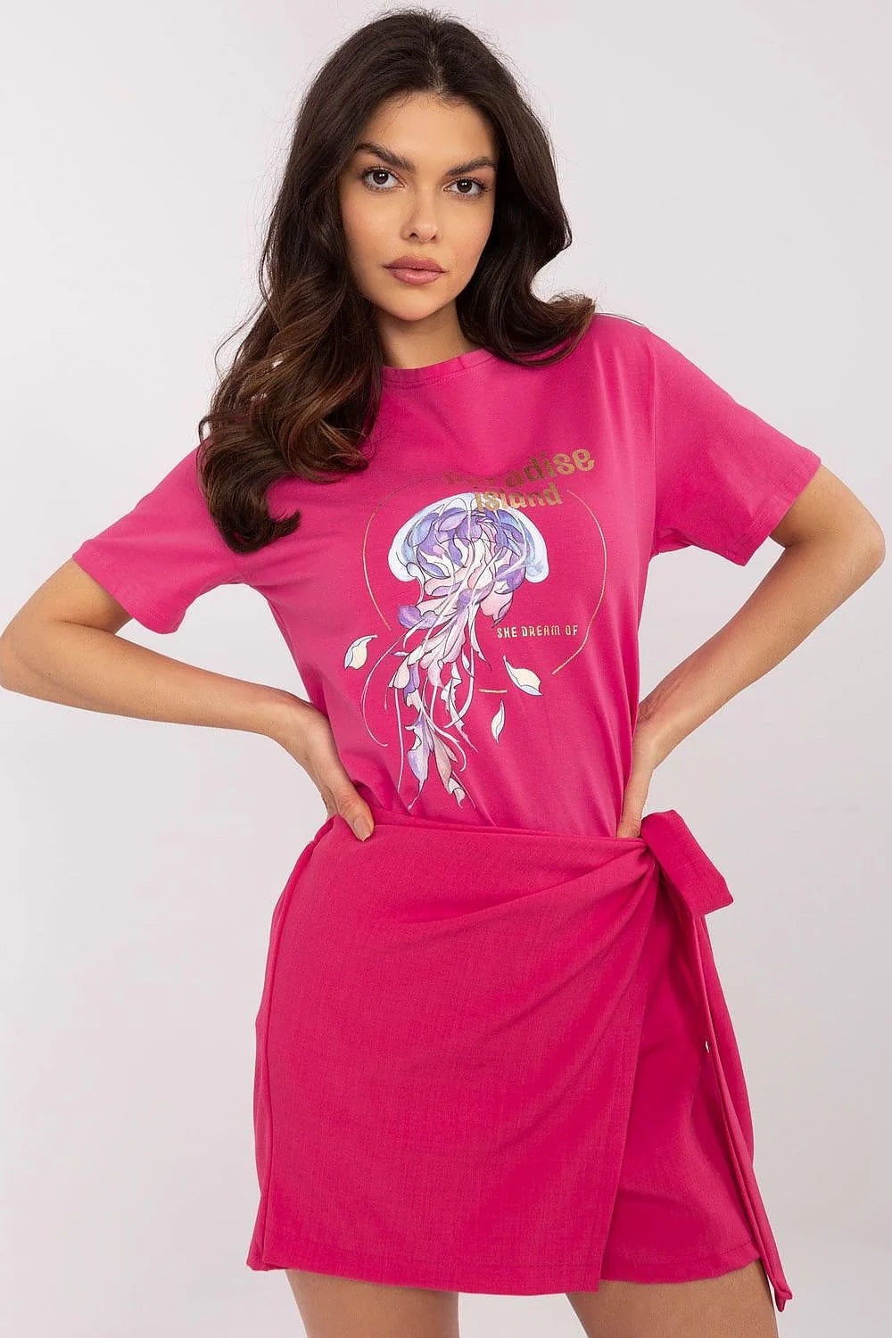 Robe t-shirt femme style casual moderne coton mélange méduse stylisée Paradise Island She dream of rose vif violet bleu doré ceinture intégrable