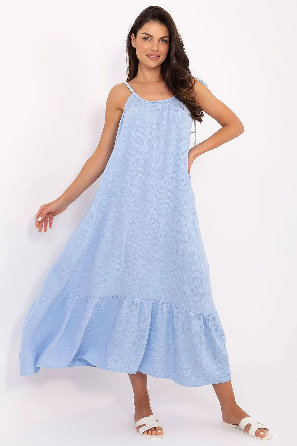 Robe été femme Och Bella robe légère coton mousseline ajustables bretelles volant bas summer dress occasion quotidienne