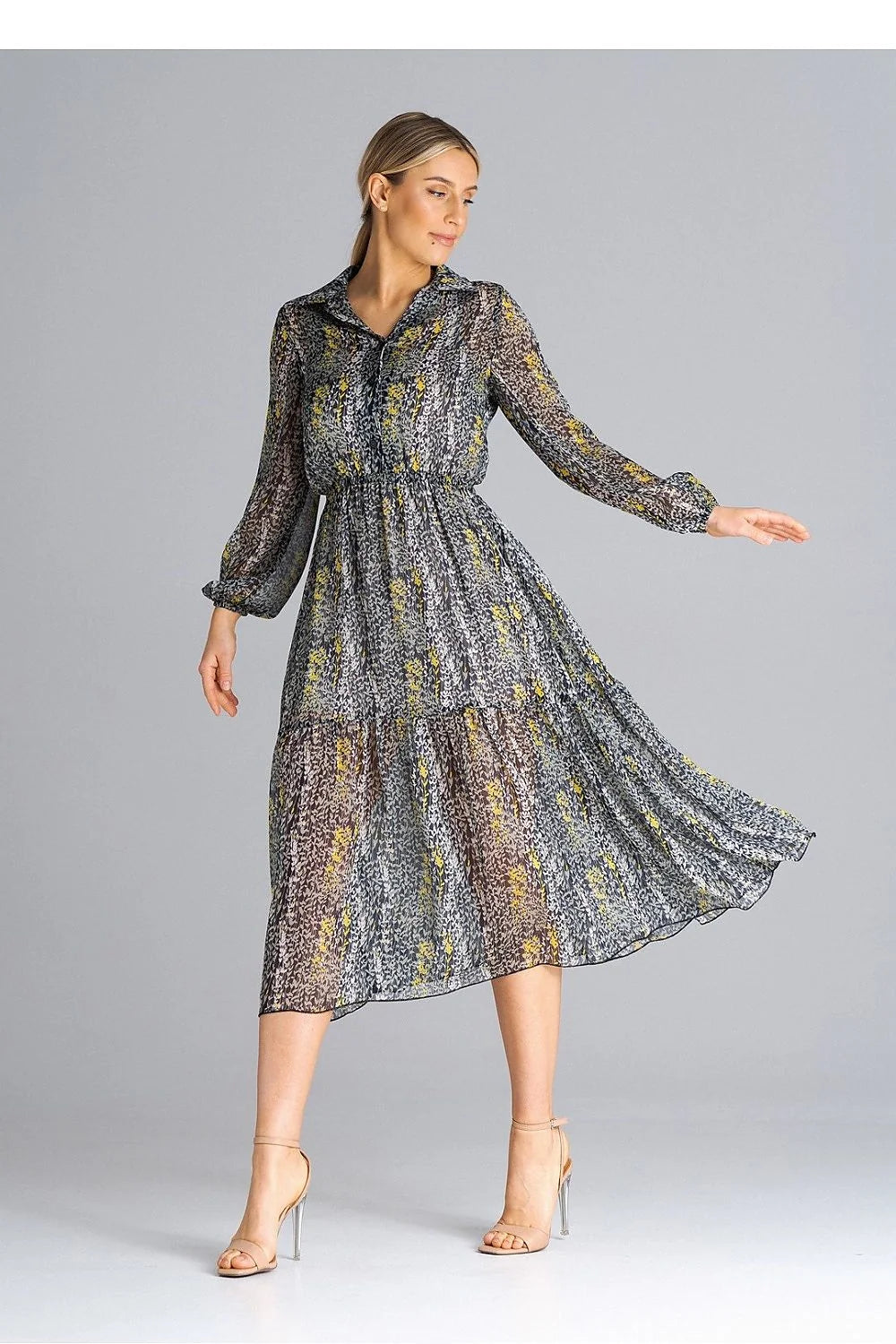 robe bohème chic longue midi manches longues ballon mousseline fluide plissée doublée imprimé abstrait noir gris touches jaunes taille élastiquée