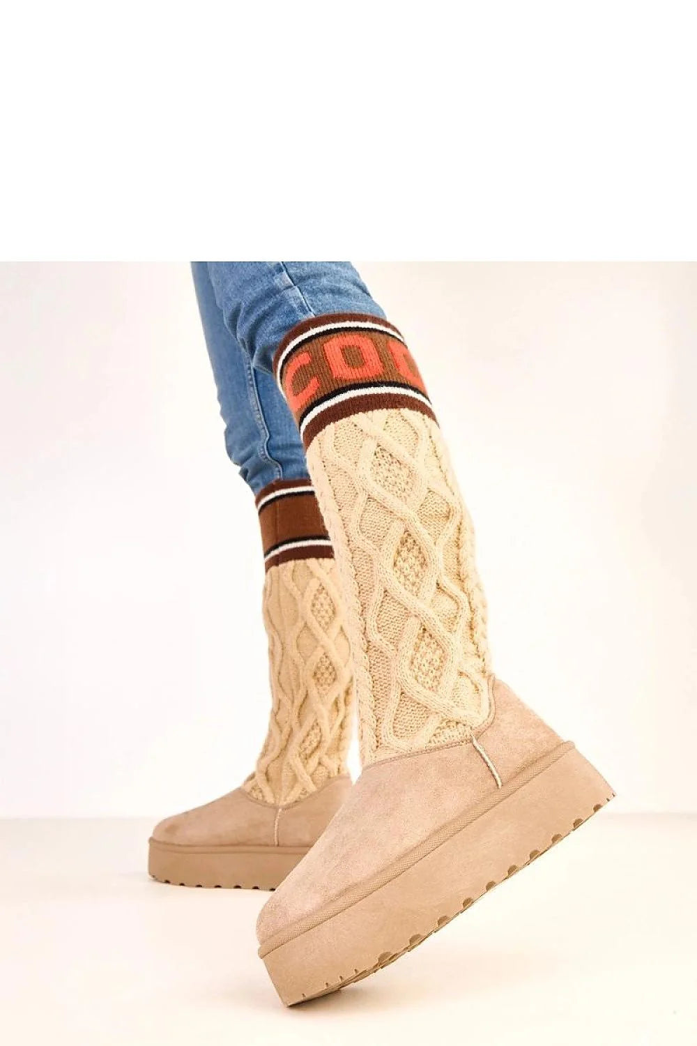 bottes neige femme chaudes tige haute cuir écologique daim beige maille torsadée bordcôte marron rayures bout rond plateforme crantée thermique