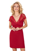 Chemise de nuit élégante en dentelle rouge manches courtes encolure en V dos décoré dentelle femme
