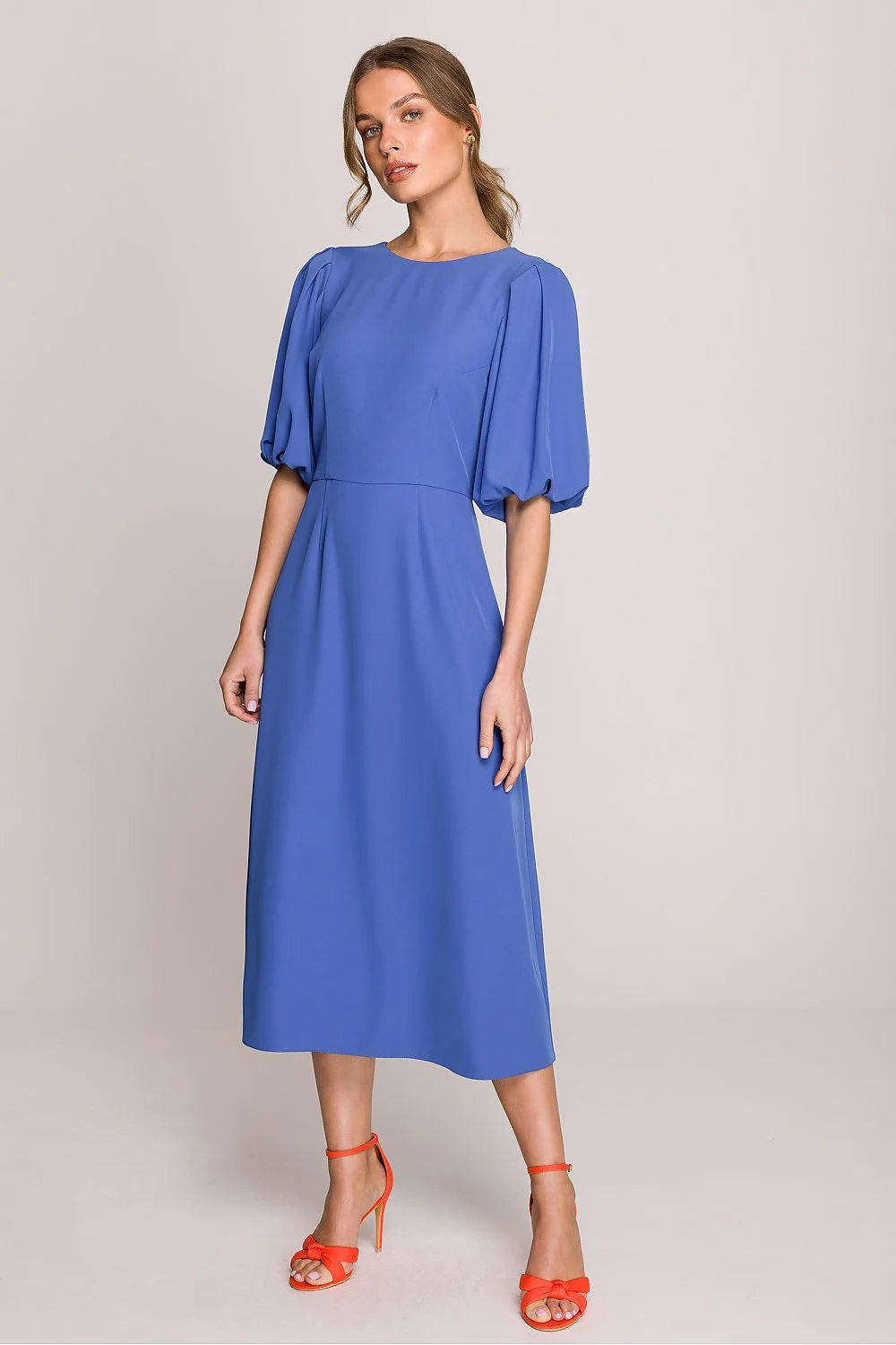 robe midi femme Stylove romantique manches bouffantes coude encolure ronde taille cintrée jupe évasée doublée fluide élégante cérémonie soirée