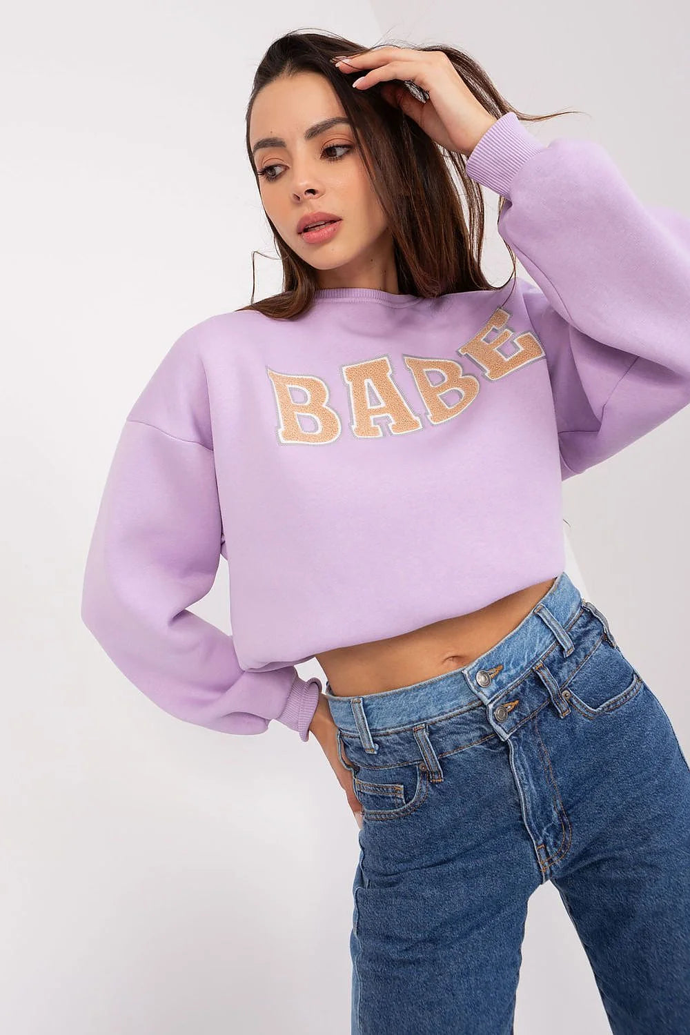 Sweatshirt pour femme style casual manches longues couleur violet pastel embroidery 'BABE' coton polyester