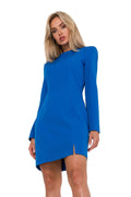 Robe de jour élégante moderne manches longues bleu vif épaules structurées fermeture glissière couverte tissu lisse femme