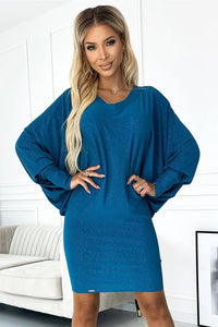 Robe de soirée élégante longue manches chauve-souris couleur nautique tissu extensible paillettes production polonaise marque Numoco femme