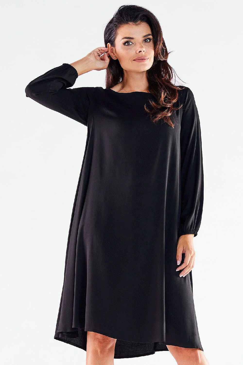 Robe de jour élégante pour femme en viscose et elasthanne, manches longues, dos allongé, coupe trapèze, couleur rouge, taille ajustable