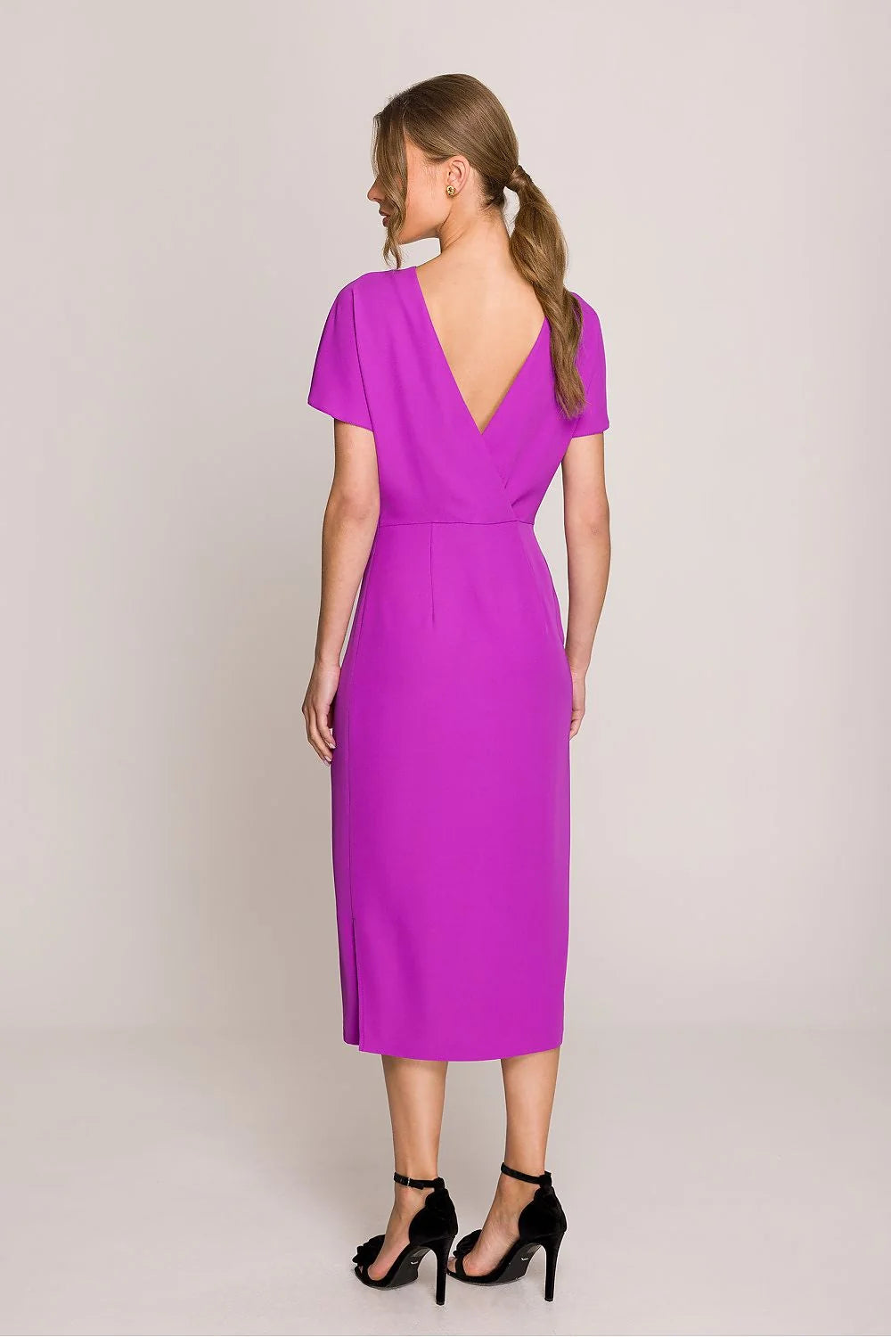 Robe midi Stylove élégante couleur violet vif manches courtes encolure ronde dos nu ceinture taille ajustable