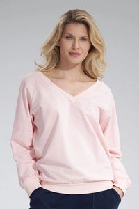 Sweatshirt coton rose pâle col v manches longues coupe droite dos ruban bords côtes élasthanne respirant style décontracté
