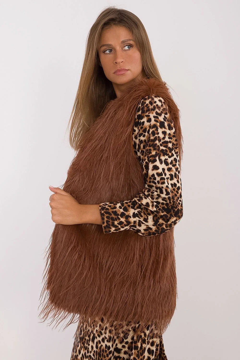 Gilet en fausse fourrure couleur brun rouille style casual sans manches polyester sans capuche ni doublure femme