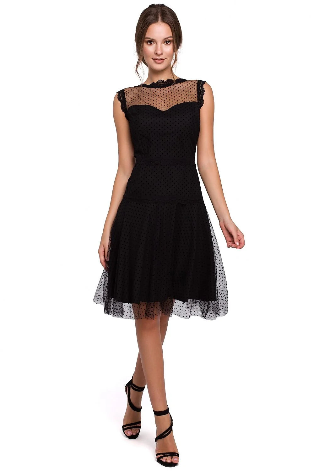 Robe élégante en tulle rose à pois et dentelle blanche romantique pour soirées et mariages