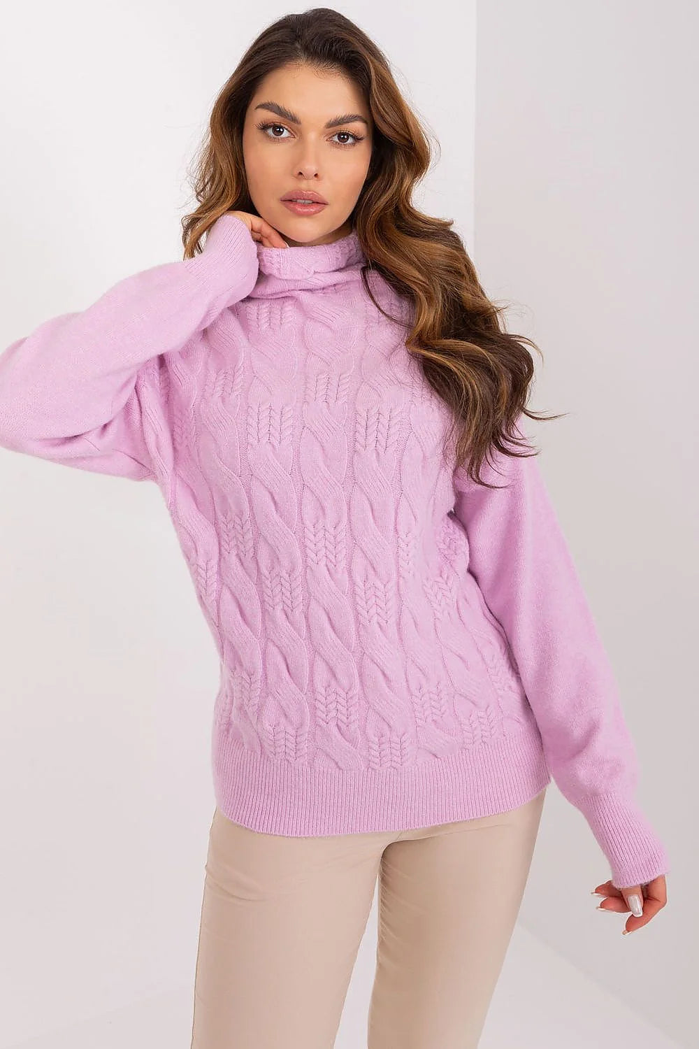 pull femme élégant col roulé lilas torsadé motifs manches longues bouffantes poignets côtelés ourlet laine mélangée douce chaude