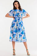 Robe de jour awama en mousseline polyester imprimé floral abstrait manches courtes col rond ajustable taille ceinture femme