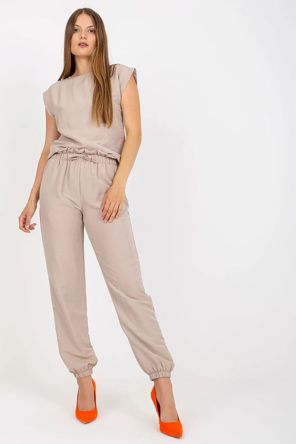 Ensemble été décontracté pour femme en coton élasthanne rose vif manches courtes taille élastique sans motif