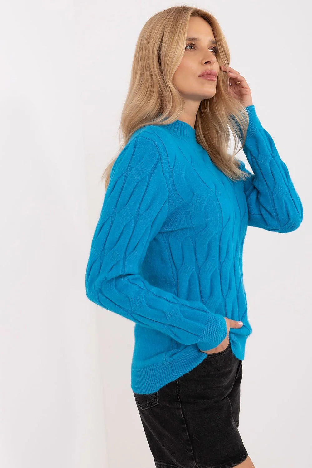 Pull à motif torsadé pour femme, manches longues, couleur bleu vif, coupe ajustée, style moderne et élégant, matière douce, col rond côtelé, occasion polyvalente, vêtement tendance, mode automne/hiver, cadeau parfait, femmes
