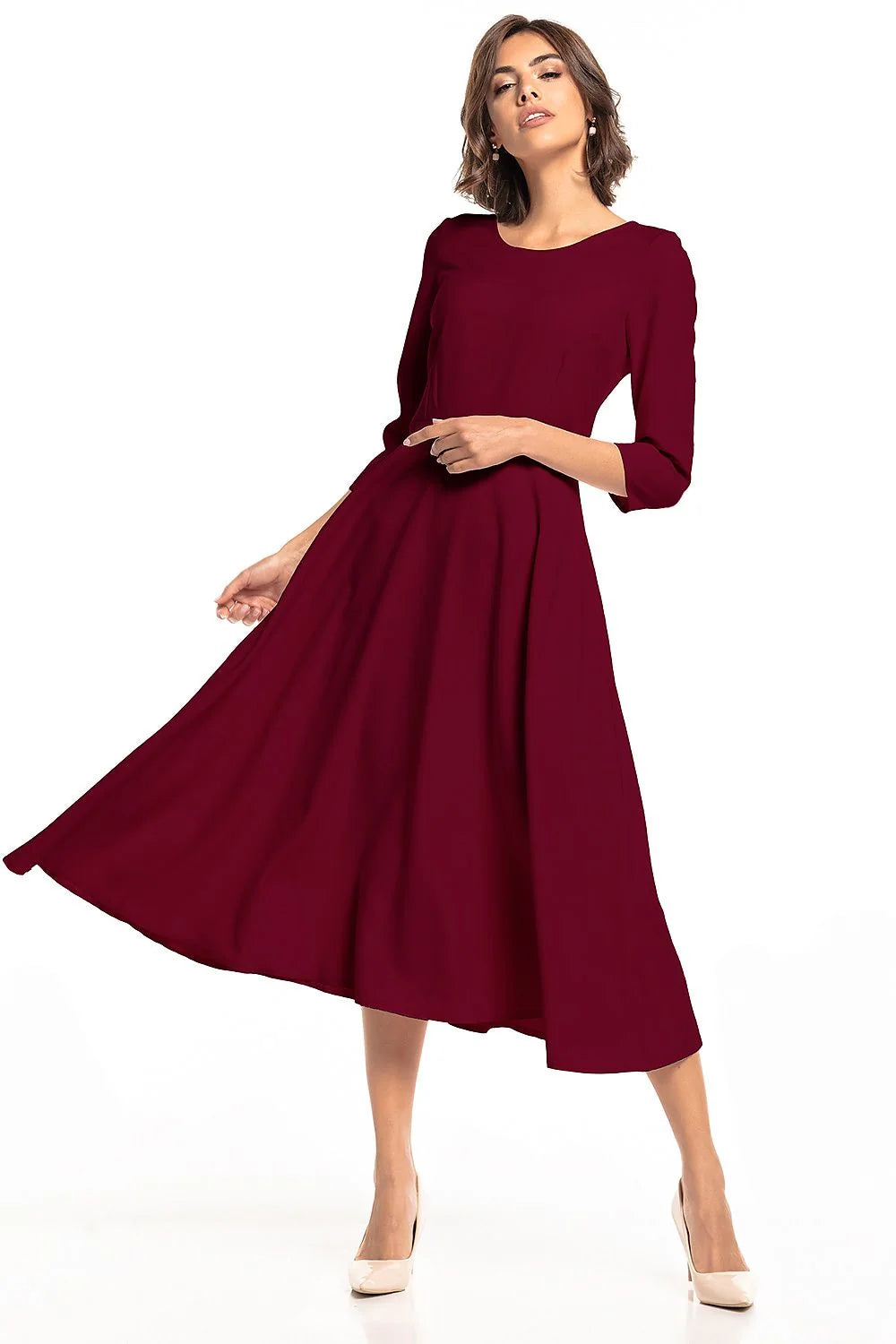 Robe élégante femme polyester élasthanne vert foncé ajustable mi-longue silhouette raffinée mode intemporelle