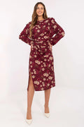 robe midi femme fleurie bordeaux satinée manches longues encolure ronde drapée froncée taille fente latérale épaulettes élégante chic soirée cérémonie