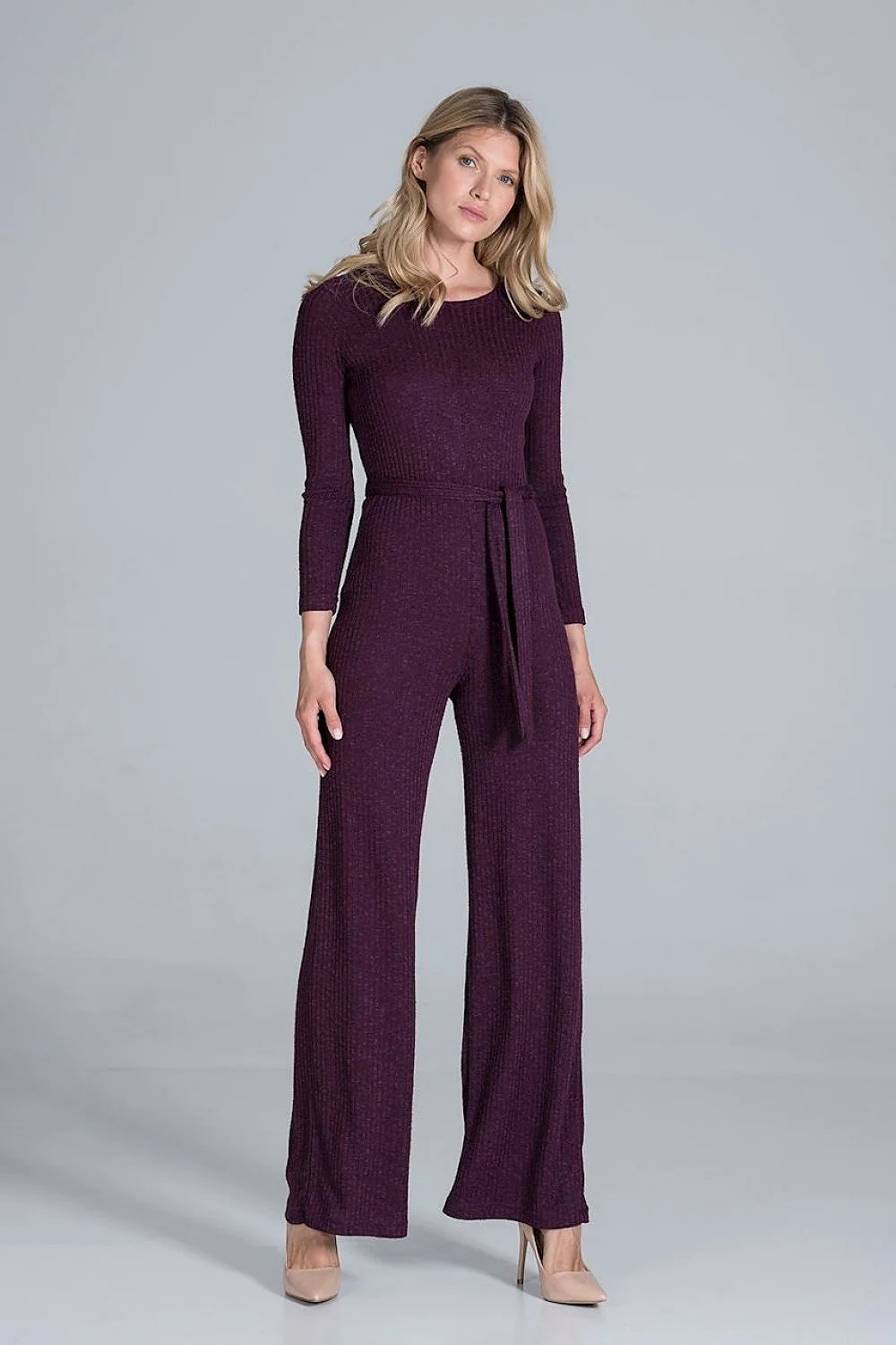 Combinaison élégante maille côtelée bordeaux moderne ajustable manches longues jambes larges ceinture assortie femme