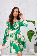 Robe de jour Roco Fashion en vert vif, manches longues élastiquées, encolure Bardot, coupe évasée, tissu léger, occasion décontractée ou semi-formelle pour femme