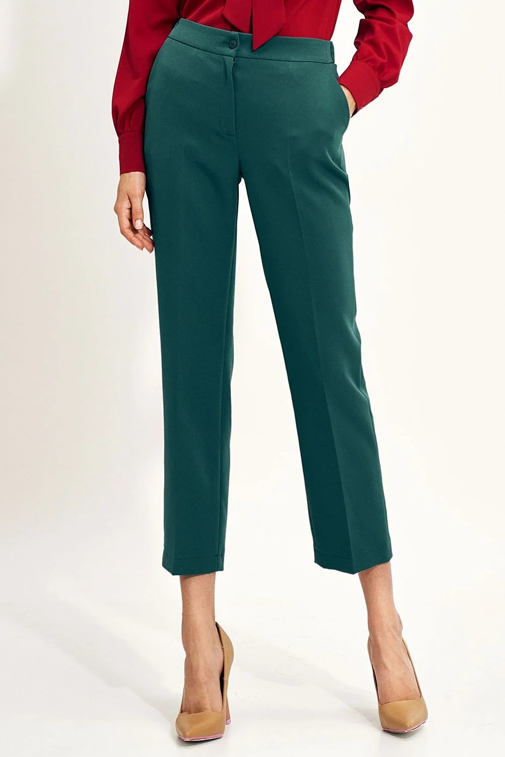 Pantalon femme Nife élégant vert foncé coupe droite taille élastique polyester élasthanne occasion professionnelle
