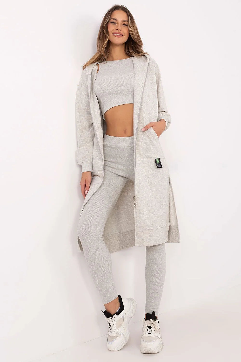 ensemble athleisure femme gris chiné croptop côtelé legging taillehaute slim veste longue capuche molletonnée poches zip extensible douce