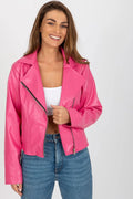 Veste Lakerta en simili cuir rose vif style motard manches longues col à revers fermetures éclair métalliques femmes mode urbaine