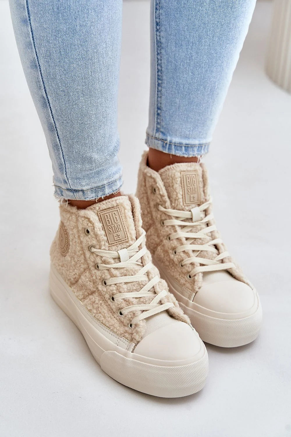 Baskets montantes femmes BIG STAR Step in style cuir sherpa beige isolée plateforme 4 cm confort automne hiver