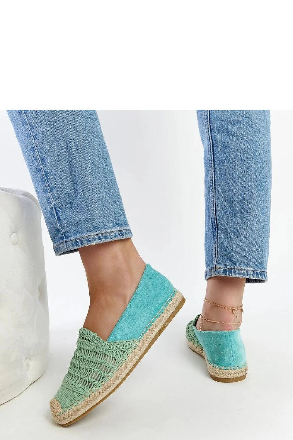 espadrilles femme vert menthe macrame tissées daim contrefort jute bout rond semelle corde gomme plate respirante bohème décontractée