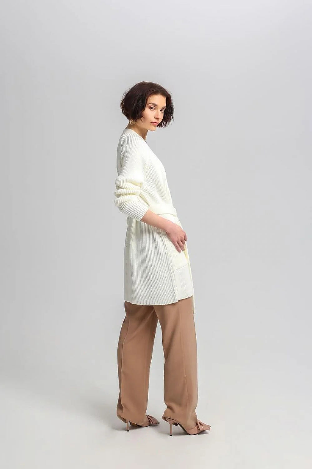 Cardigan féminin long ouvert tissu côtelé blanc ceinture à nouer poches manches longues mode femme Casual Semi-Formel