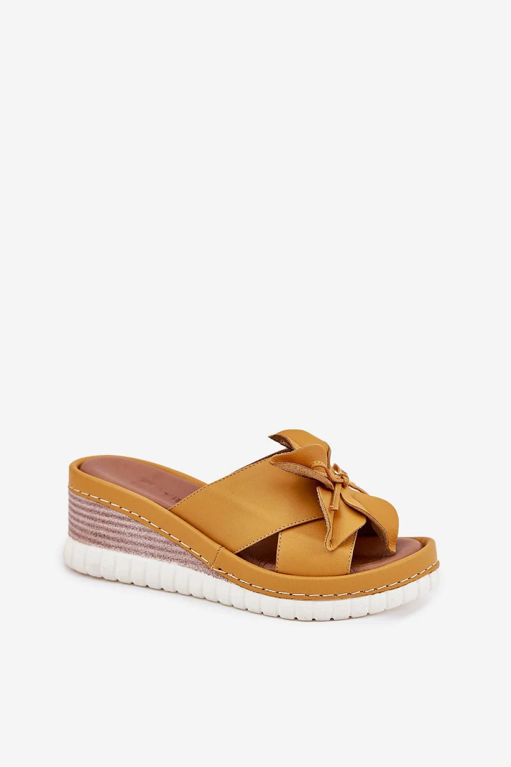Sandales compensées pour femmes design moderne été 2023 talon 7cm couleur moutarde semelle blanche nœud asymétrique style décontracté chic