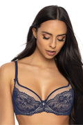 Soutien-gorge féminin élégant sensuel dentelle bleu marine bretelles ajustables pendentif argenté lingerie femme